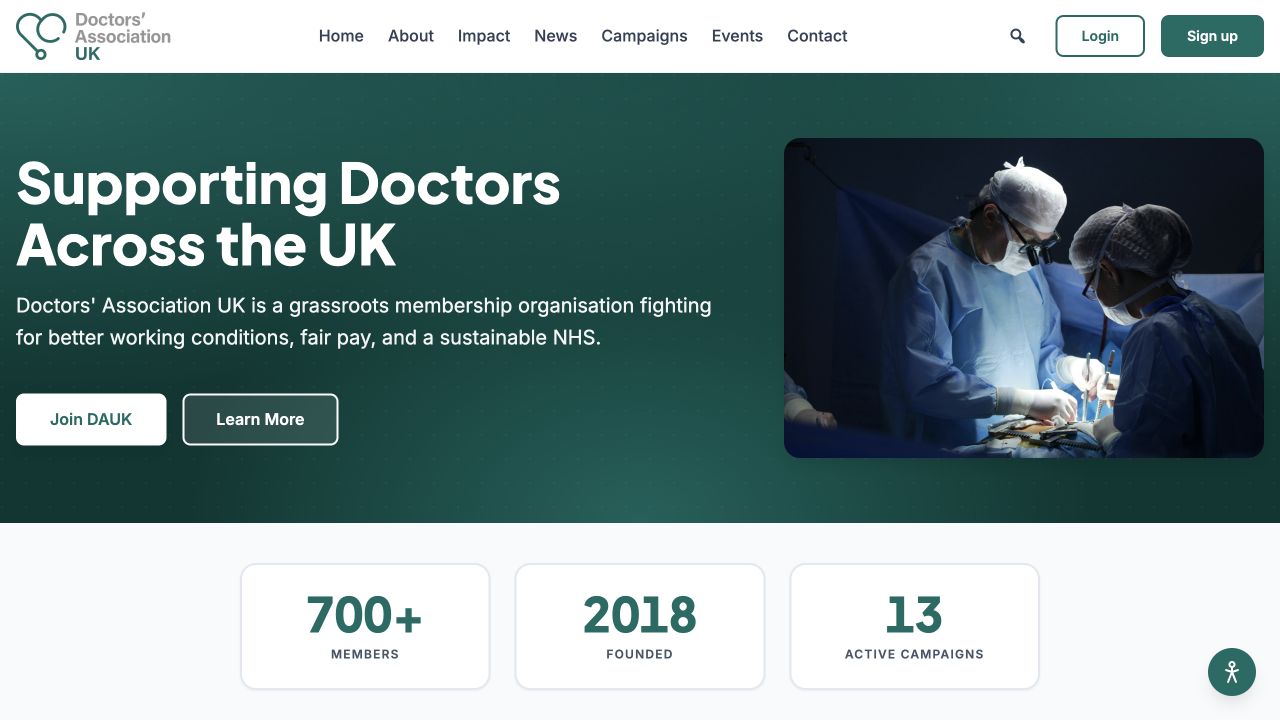 Doctors’ Association UK homepage showing membership, impact and campaign content