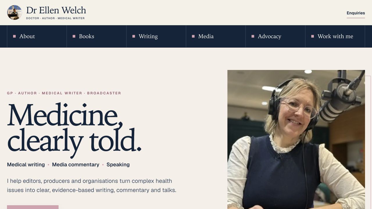 Dr Ellen Welch homepage with editorial introduction and broadcast photography