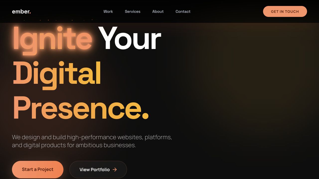 ember. digital studio homepage with dark interface and orange typography