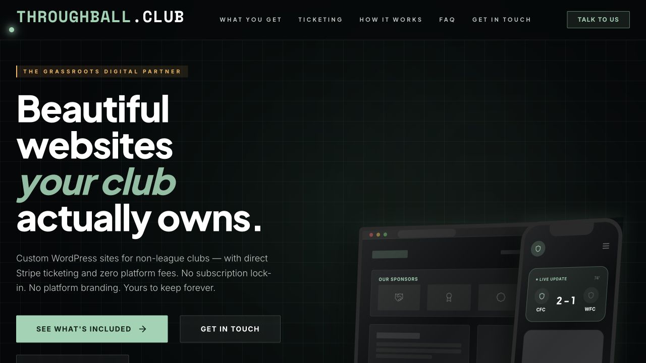 ThroughBall homepage presenting websites for non-league football clubs